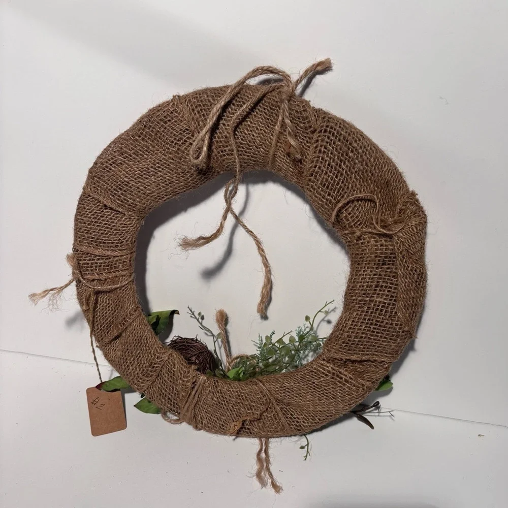 Rustic Burlap Spring Wreath with Bird nest and Leaves